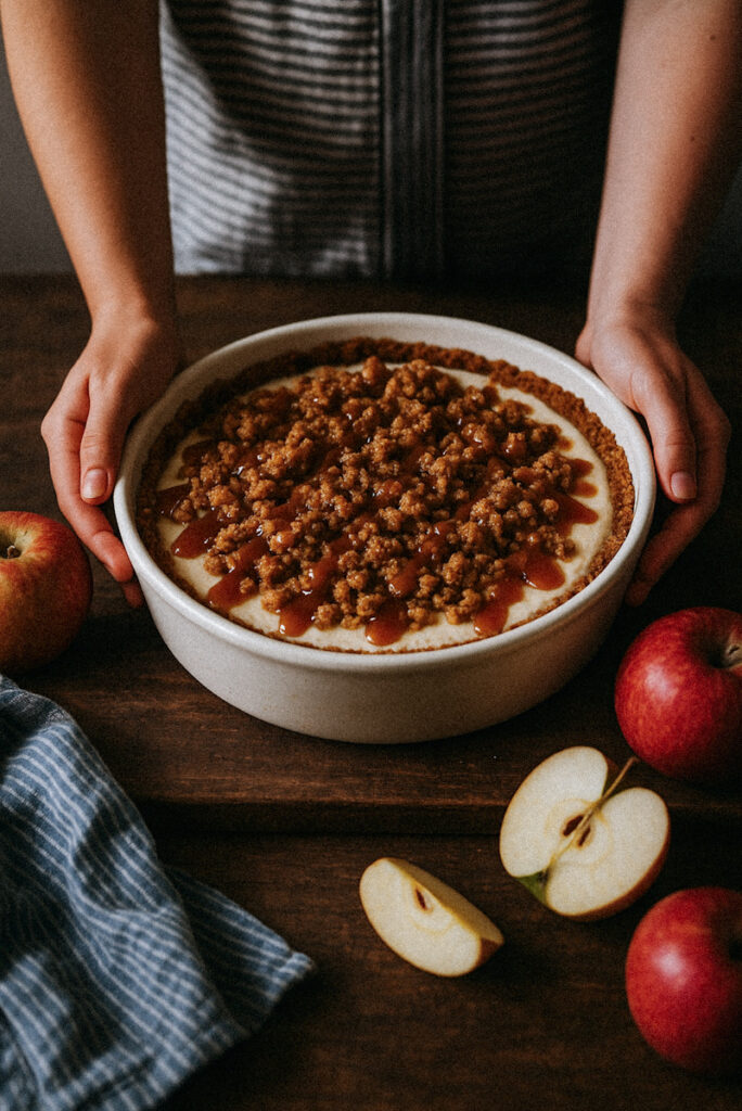 A delicious apple crisp cheesecake in a white dish with apple slices around it.