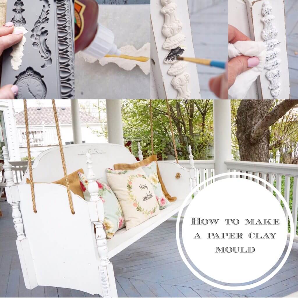Adding decorative clay details to a DIY bed frame porch swing. 
