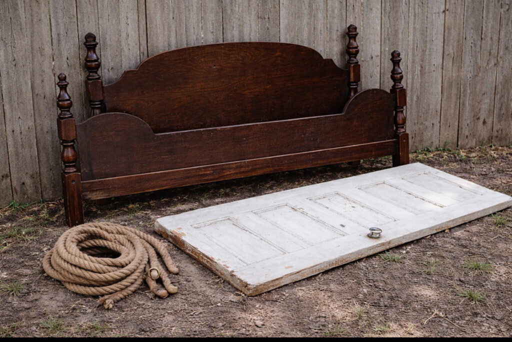 Materials used to build a DIY porch swing out of an antique bed frame 