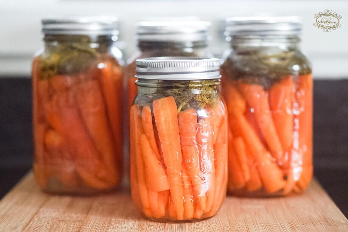 Easy pickled carrots canned in mason jars.