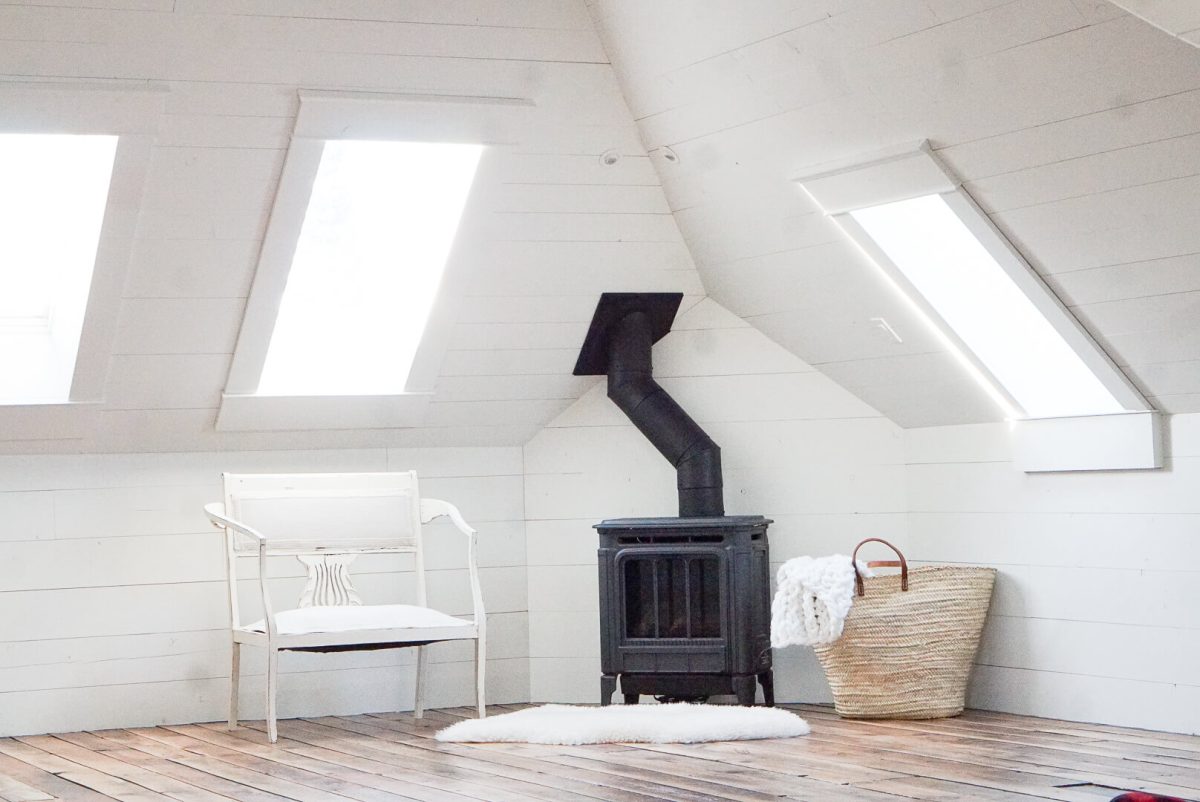 Hampton H27 Gas Fireplace Attic White Shiplap salvaged hardwood skylights ikea sectional 1