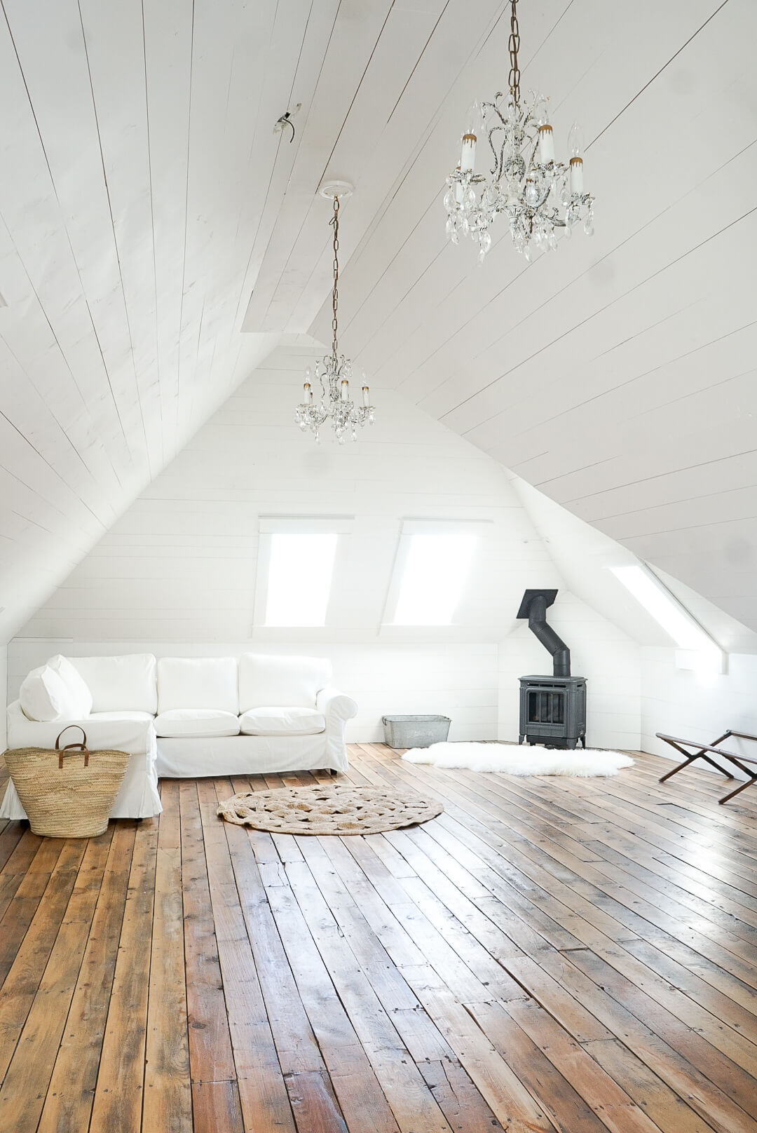 Hampton H27 Gas Fireplace Attic White Shiplap salvaged hardwood skylights ikea sectional round natural rug 3