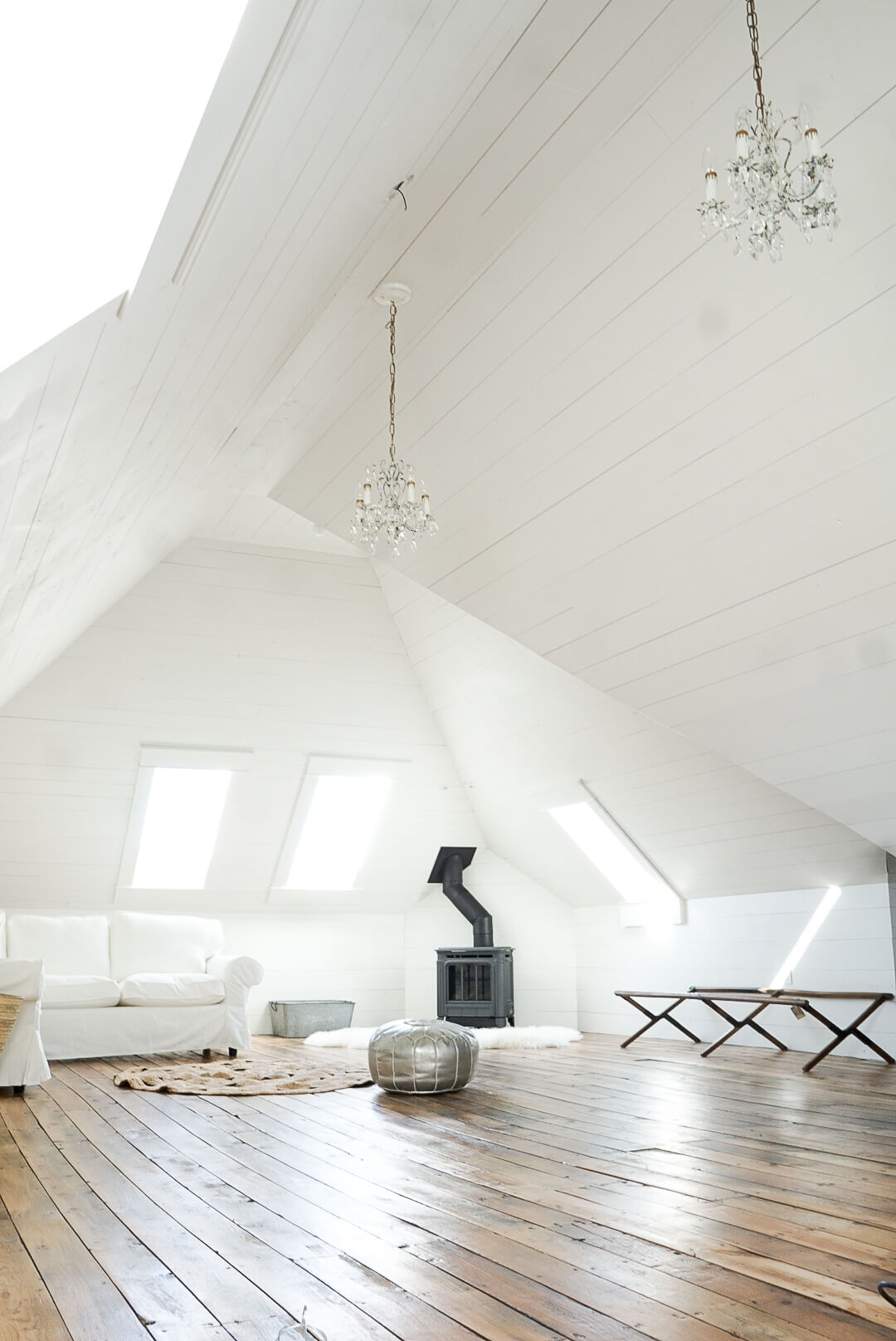 Hampton H27 Gas Fireplace Attic White Shiplap salvaged hardwood skylights ikea sectional round natural rug family room 4