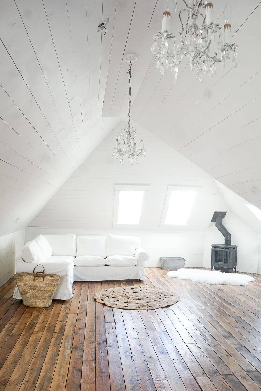 Hampton H27 Gas Fireplace Attic White Shiplap salvaged hardwood skylights ikea sectional round natural rug familyroom 2