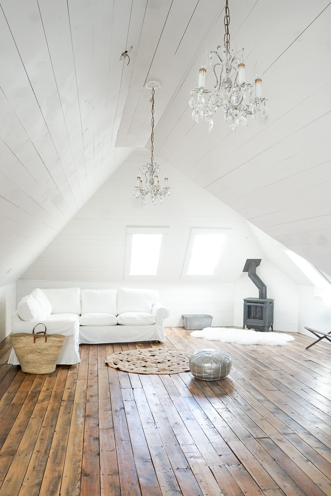 Hampton H27 Gas Fireplace Attic White Shiplap salvaged hardwood skylights ikea sectional round natural rug jute