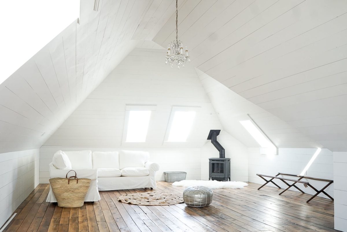 Hampton H27 Gas Fireplace Attic White Shiplap salvaged hardwood skylights ikea sectional round natural rug market basket