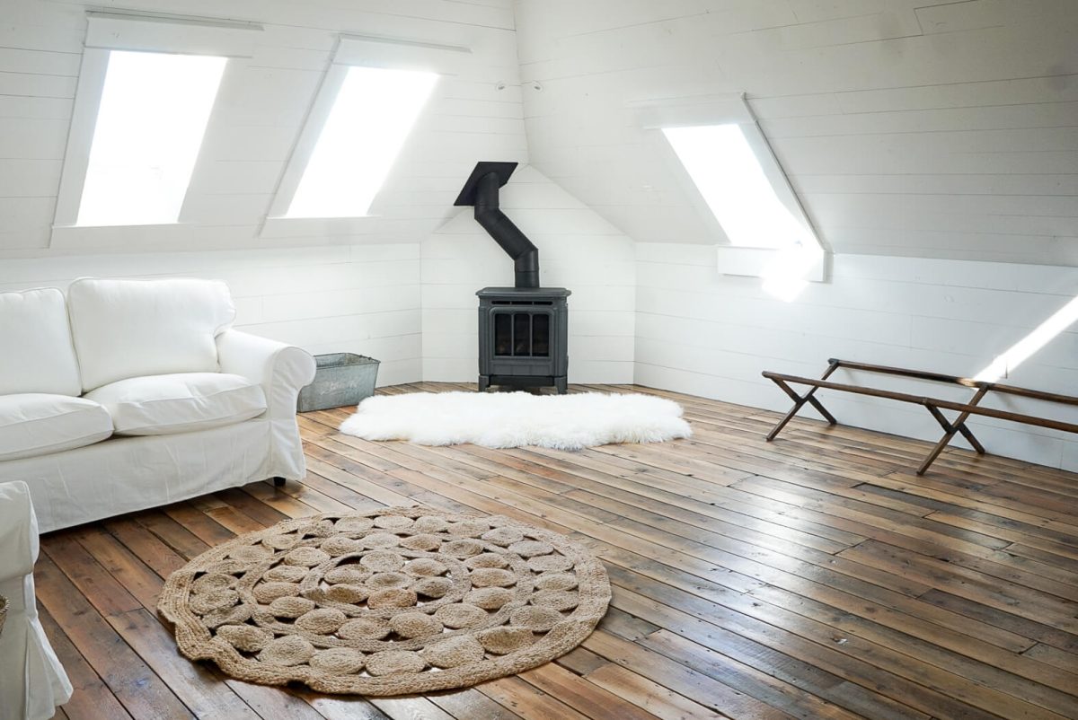 Hampton H27 Gas Fireplace Attic White Shiplap salvaged hardwood