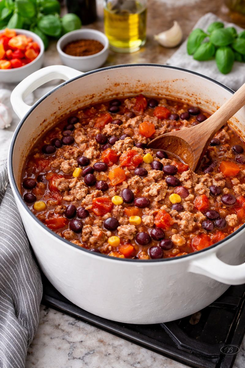A pot of Dutch oven chili being stirred on the burner.