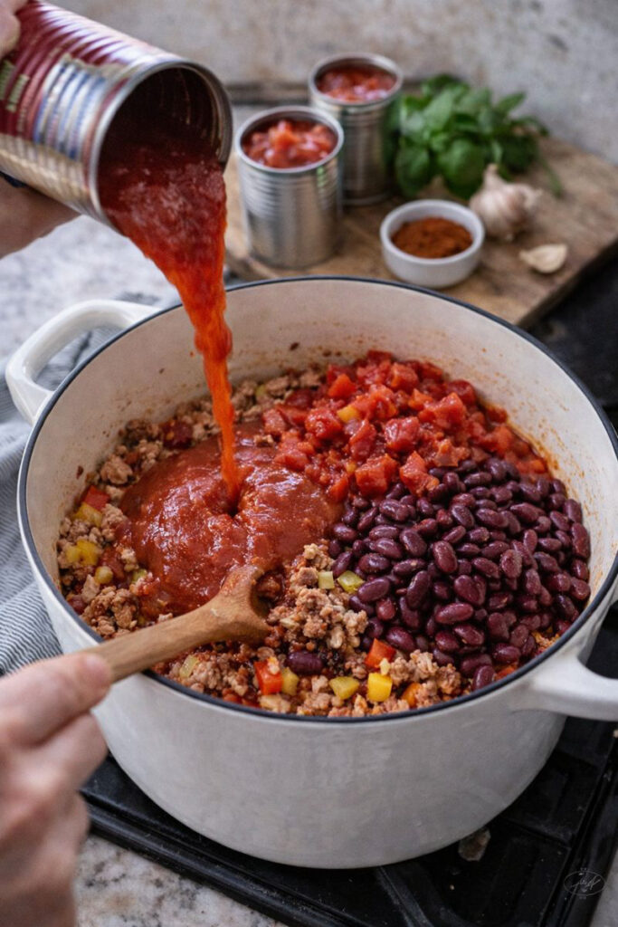Pouring tomato sauce into a big Dutch oven full of chili ingredients. 