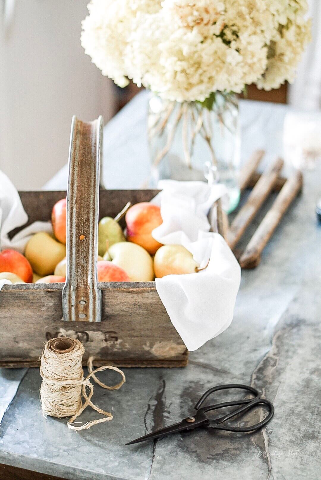 French Scissors Fall apple harvest wood basket french scissors