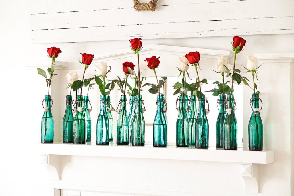 blue bottles and red roses Valentines Day Decor