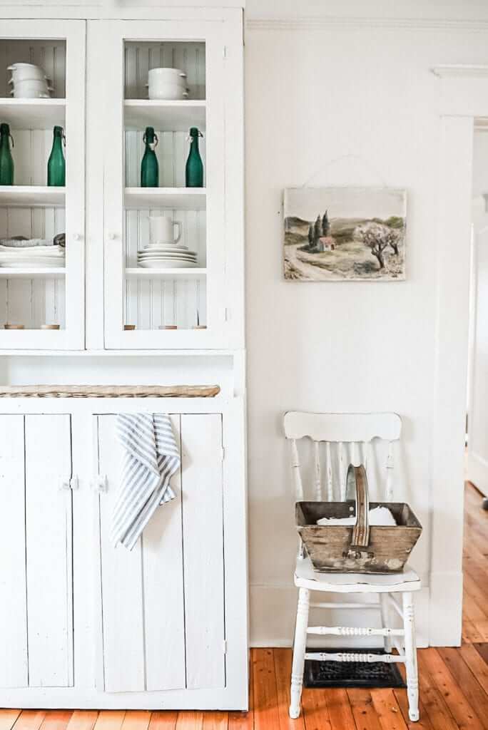 Farmhouse Kitchen Hutch Linen Ticking Towel Vintage Dinning chair with basket