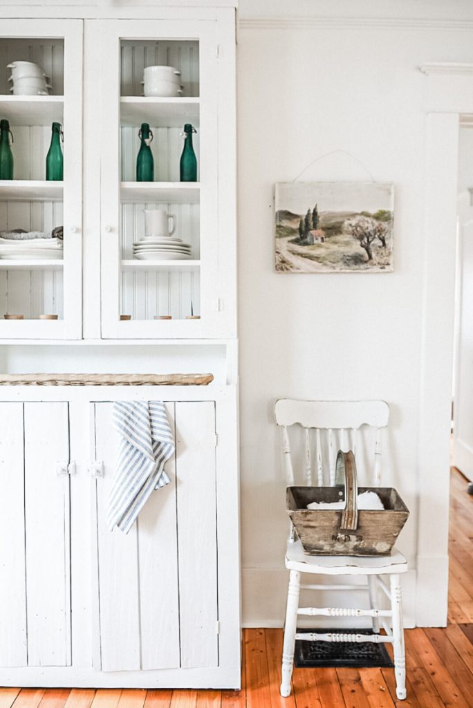 Farmhouse Kitchen Hutch Linen Ticking Towel Vintage Dinning chair with basket