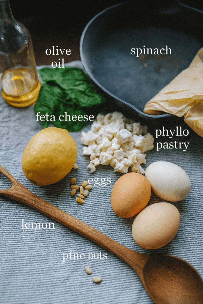 Ingredients to make spinach and feta quiche pie.