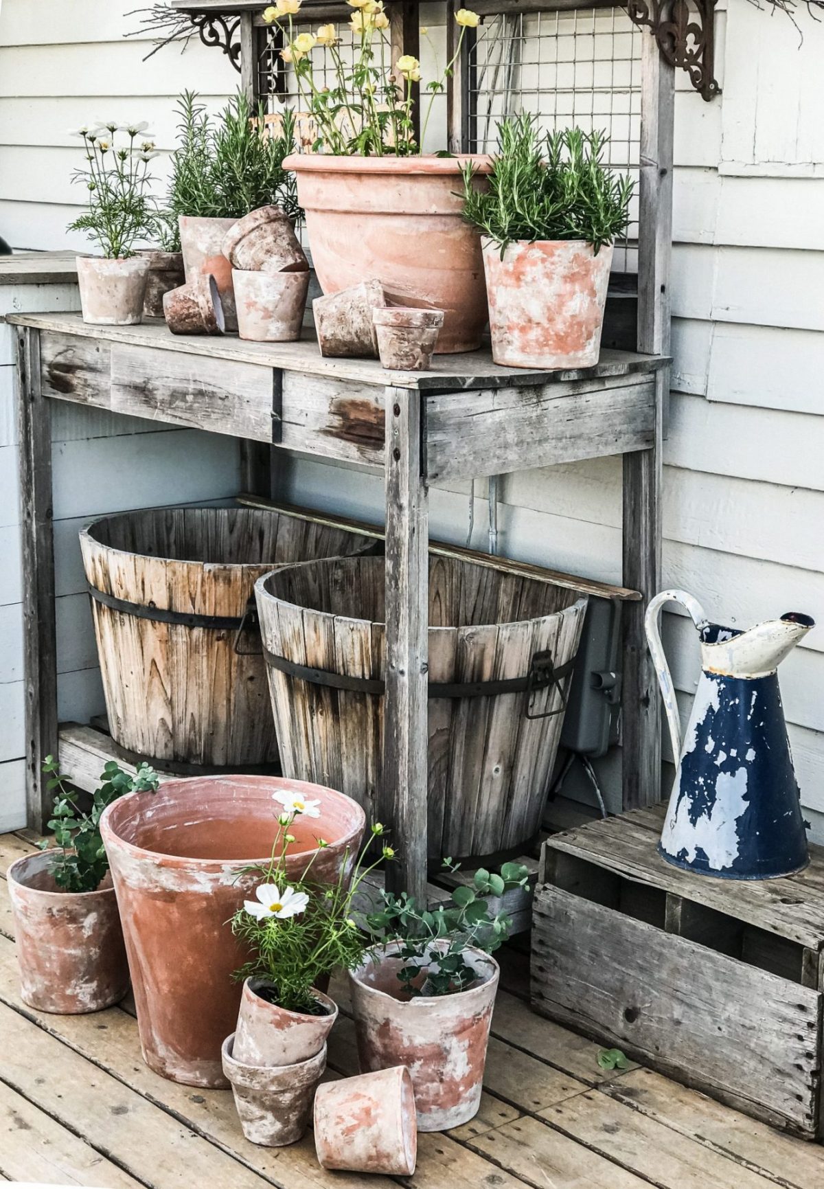 Debs Terra-Cotta Pots 1 beautiful potting bench full of aged flower pots and different plants