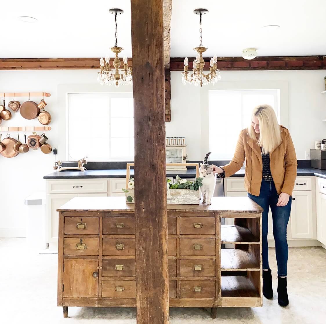 little white farmhouse 9 exposed beams raw wood kitchen island