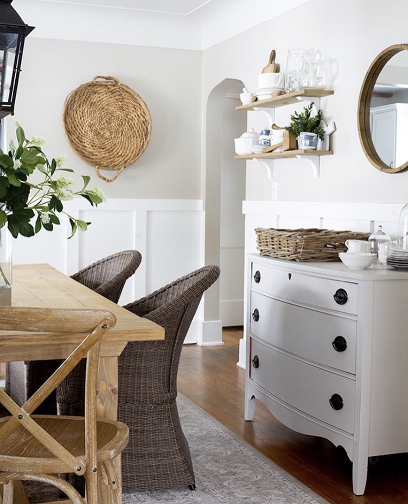 dinning room cottage style decor floating shelves basket wall art white sideboard dresser