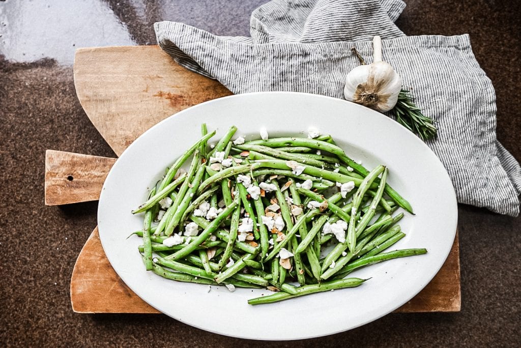 Plated Green bean salad with feta cheese