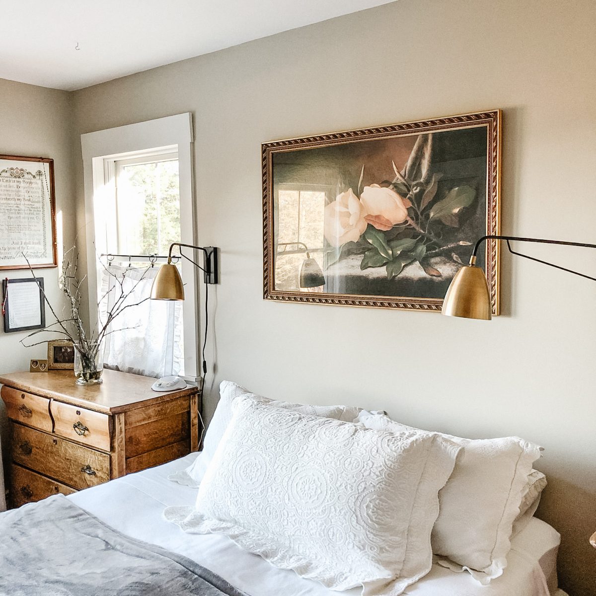 Marias bedroom copper patina bed side wall mount lamps white bedding farmhouse artwork 