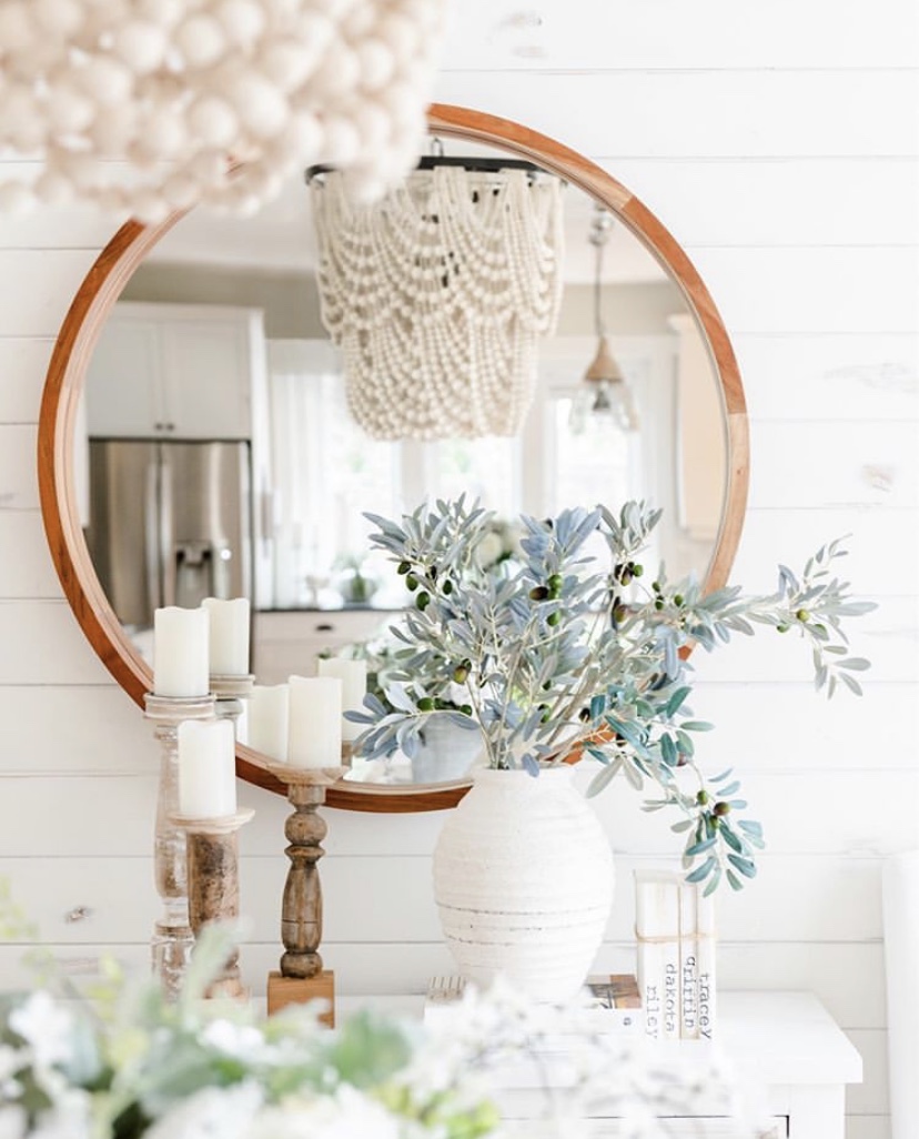 IMG_1549 round raw wood mirror candle sticks wood bead chandelier decor
