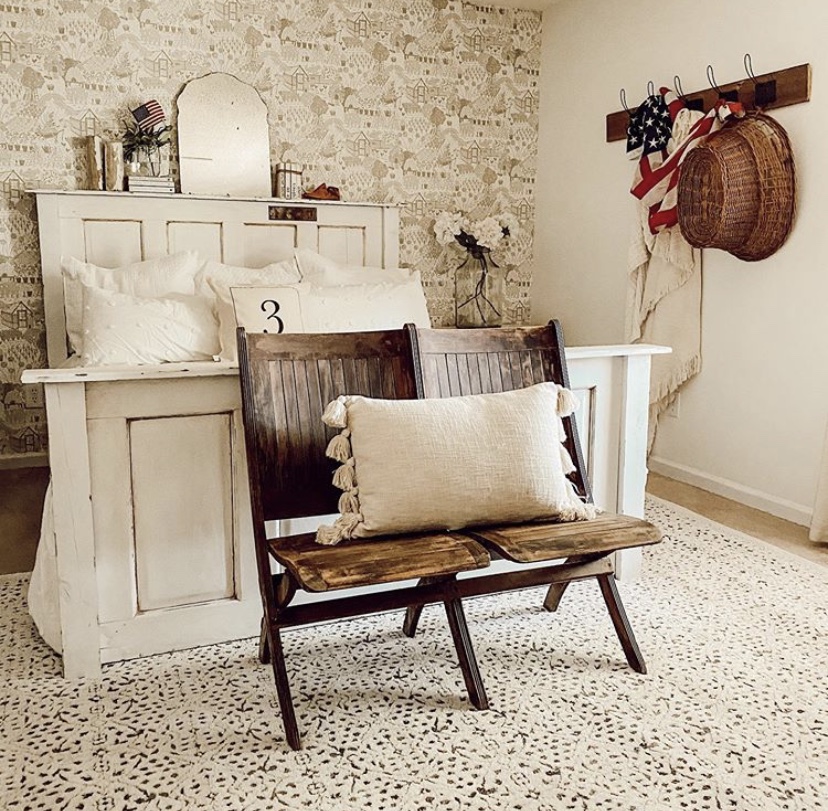 farmhouse cottage master bedroom folding vintage pew bench