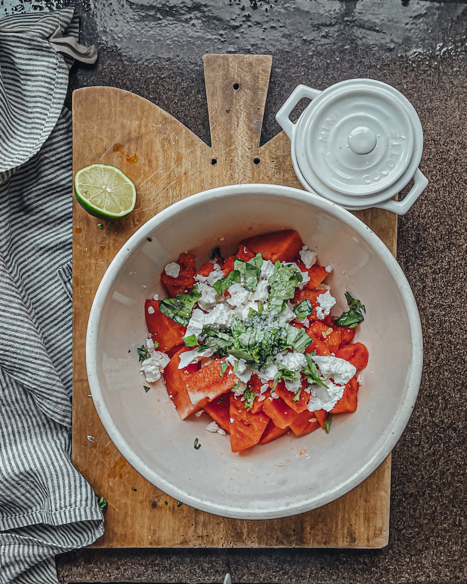 watermelon basil salad-4 making watermelon salad with feta and basil