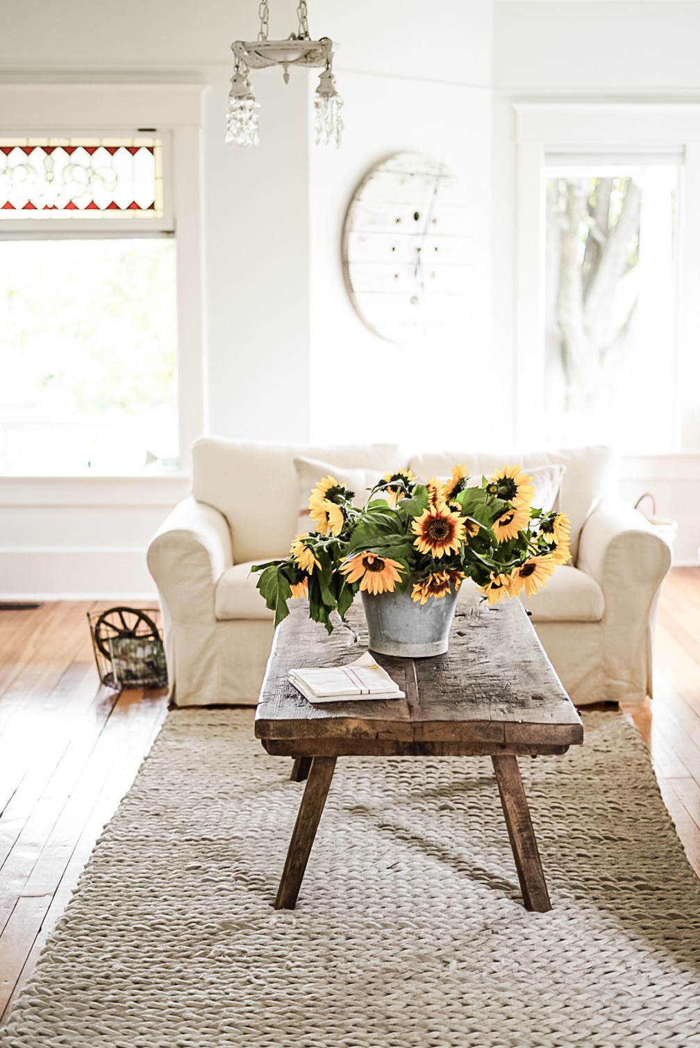 Fall coffee table decor Fall coffee table decor metal bucket full of sunflowers