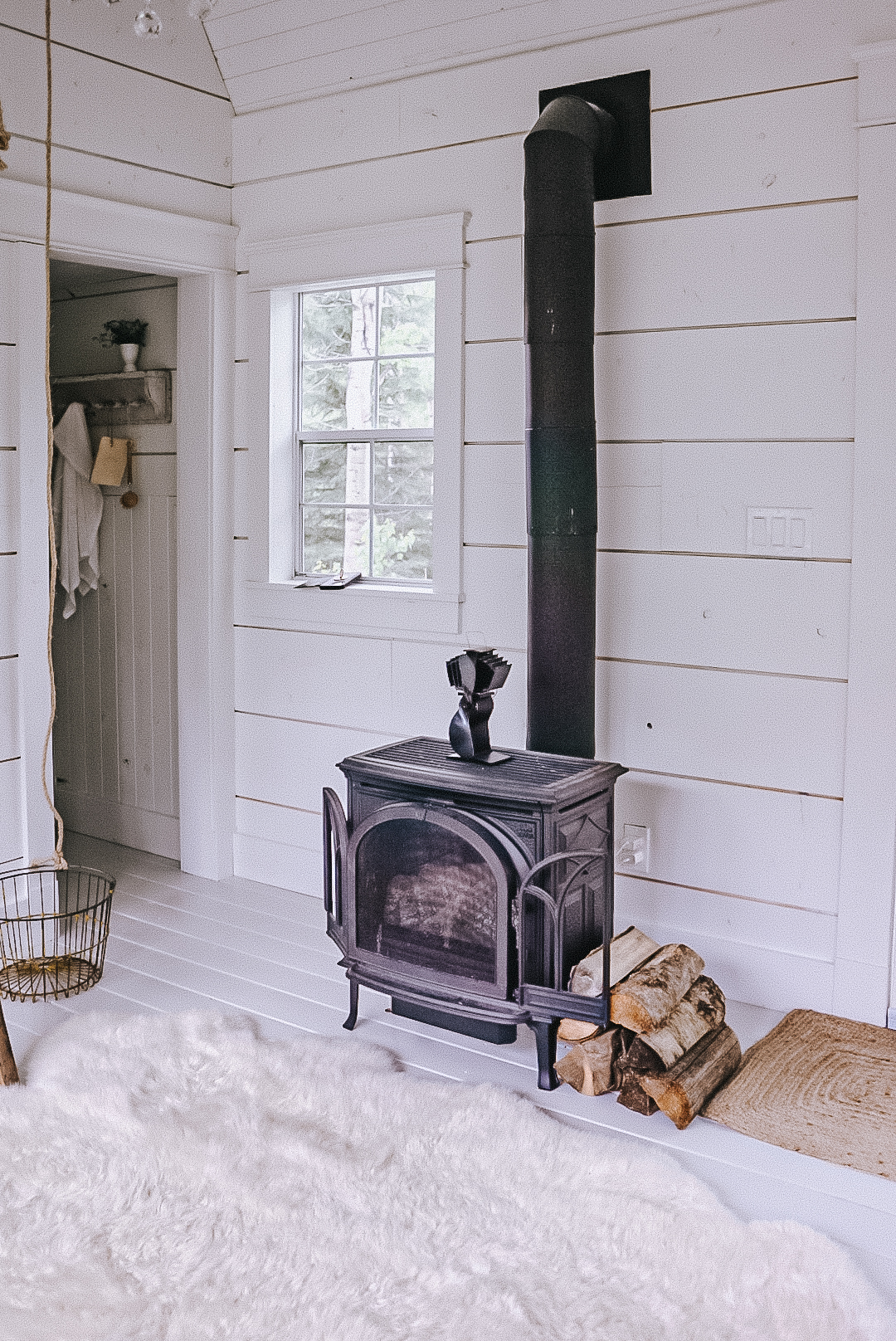 propane fireplace in a tiny house