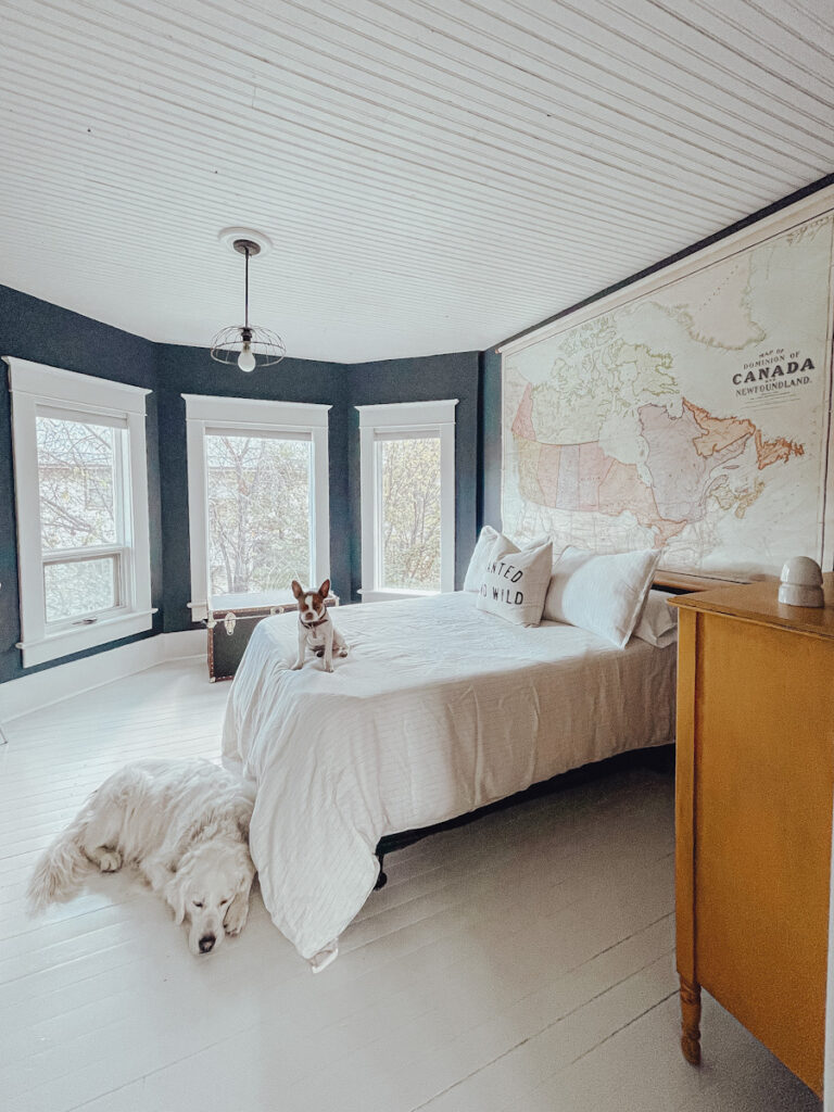 Boy's room painted in a dark navy blue with a large map as the headboard and linen bedding with two pups lying on the painted floor.