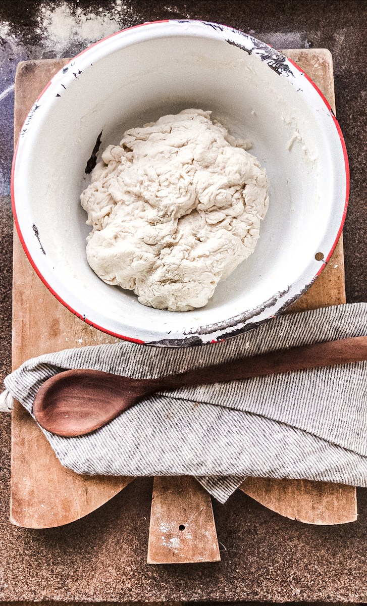 artisan french bread dough in an antique enamel bowl-1 artisan french bread dough in an antique enamel bowl