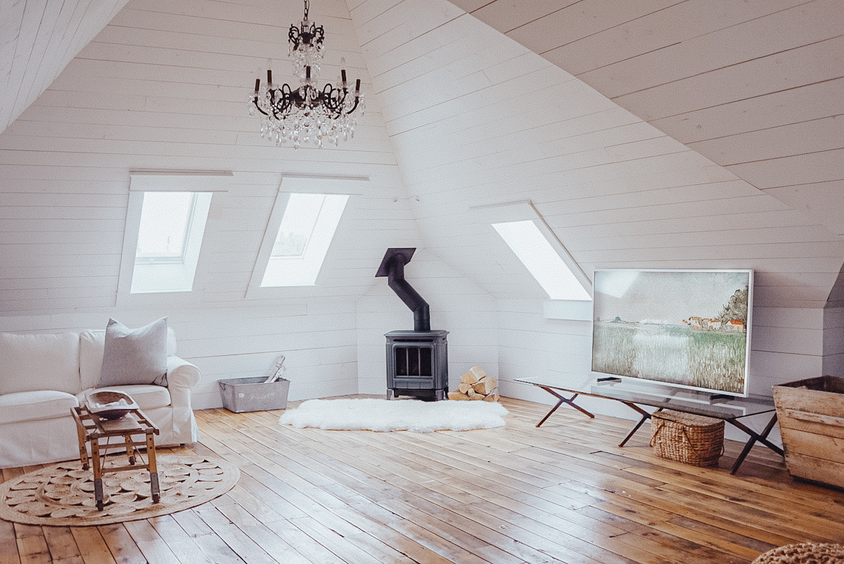 Shiplap ceiling in an attic family room