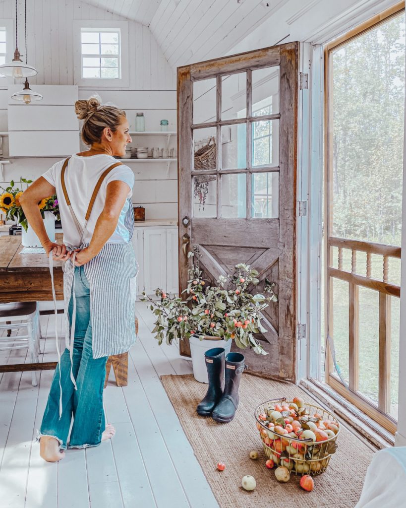 tiny house cabin shed in the fall with apples by the front door