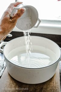 adding salt to a pot to brine a chicken