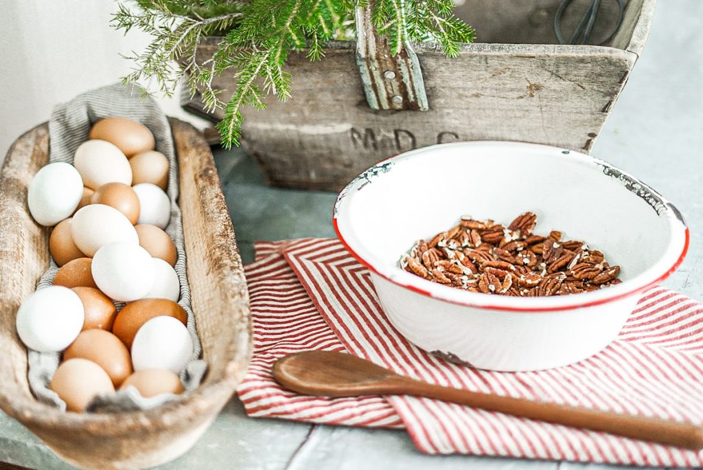 non christmas winter decorations and antiques in a farmhouse kitchen