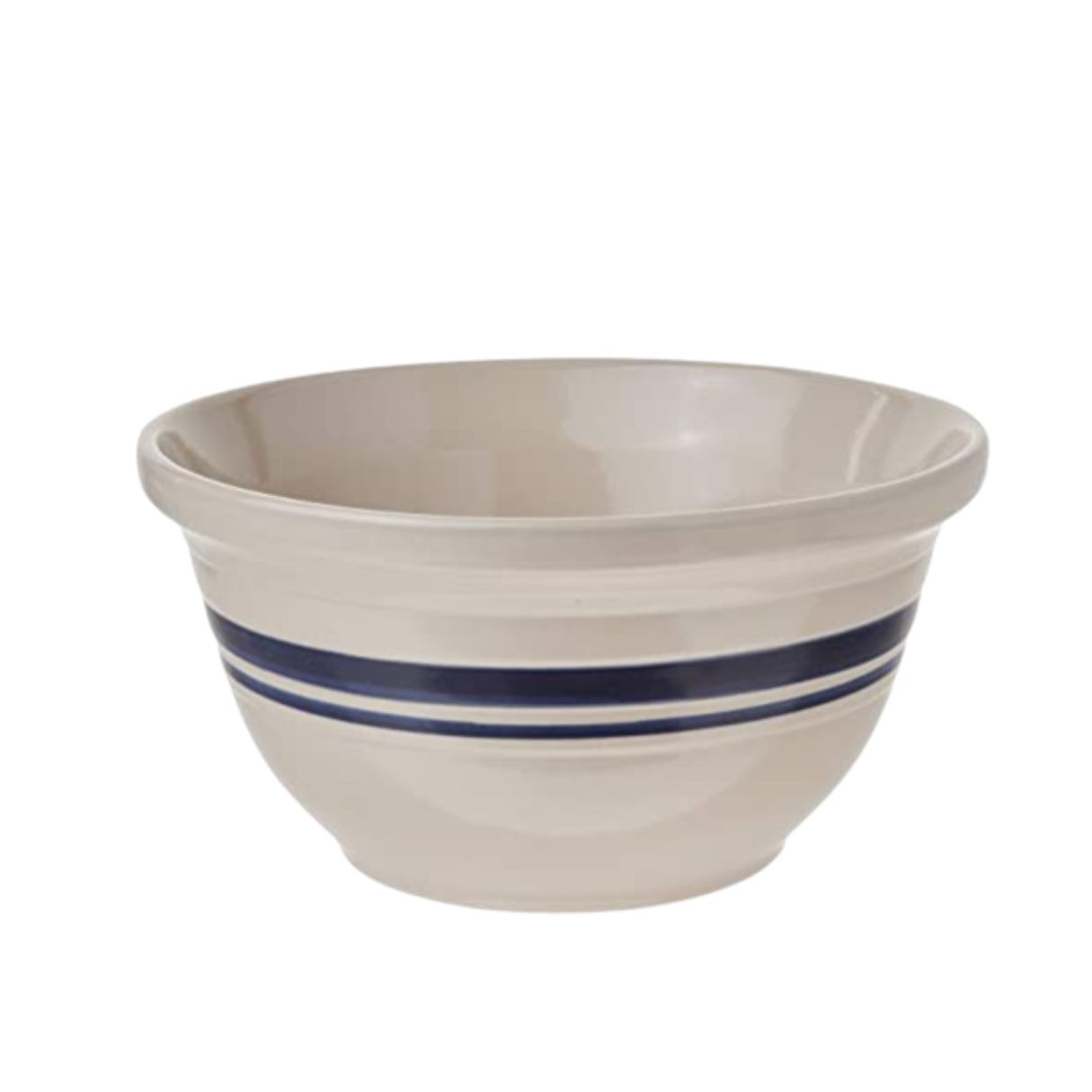 large ironstone mixing bowl with navy blue stripe