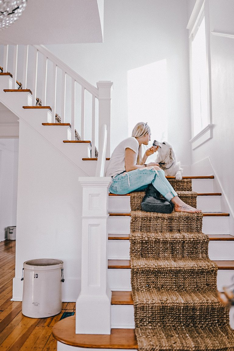 girl sitting on the stairs with her dog after installing a DIY stair runner
