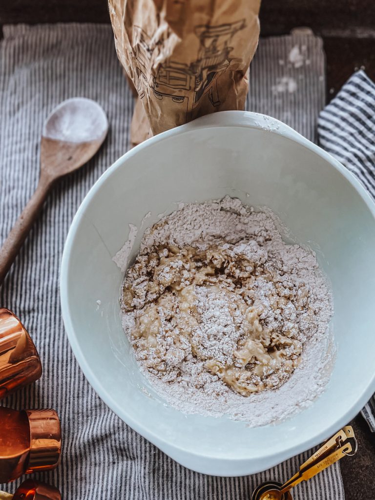 mixed ingredients for banana bread made without butter