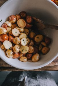 baby potatoes ready to be roasted for pesto potato salad