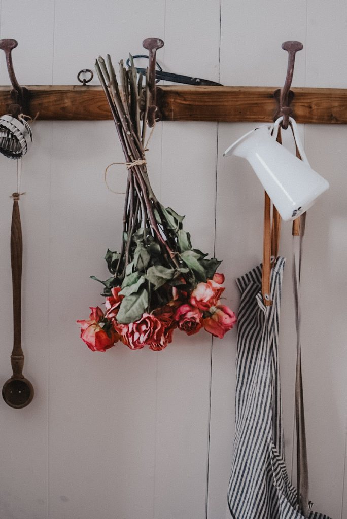 air drying roses on a hook to dry