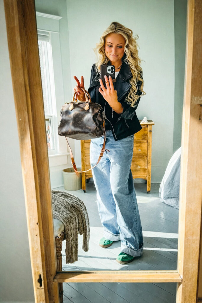 Deborah from B vintage style's hair after using heatless curlers, looking happy and healthy.