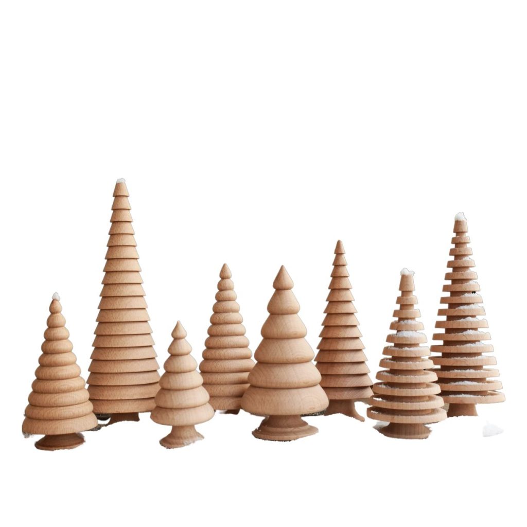 Hand turned wooden Christmas trees.
