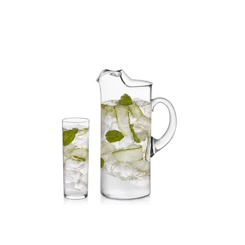 Glass ice pitcher and glasses.