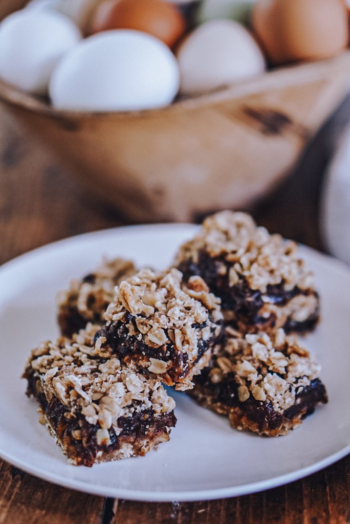 Delicious date slices made with dates and oats on a white plate.