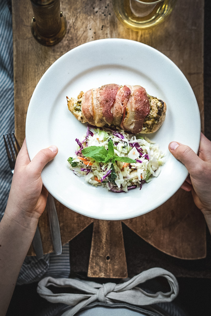 Bacon Wrapped Pesto Stuffed Chicken Breast