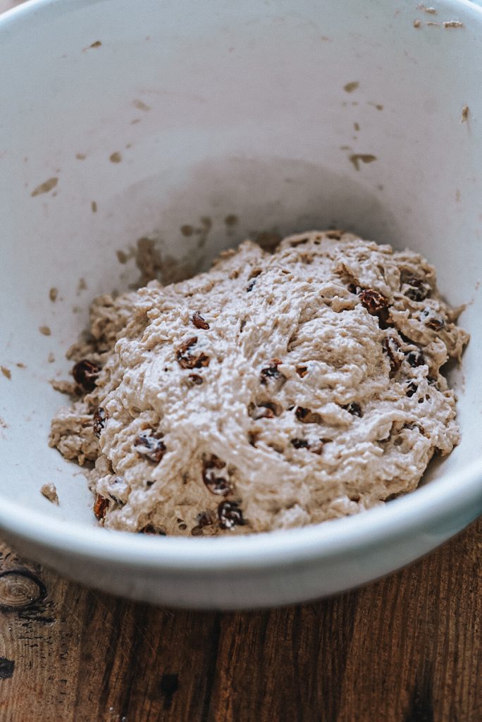 Dough that is mixed to make artisan cinnamon raisin bread.