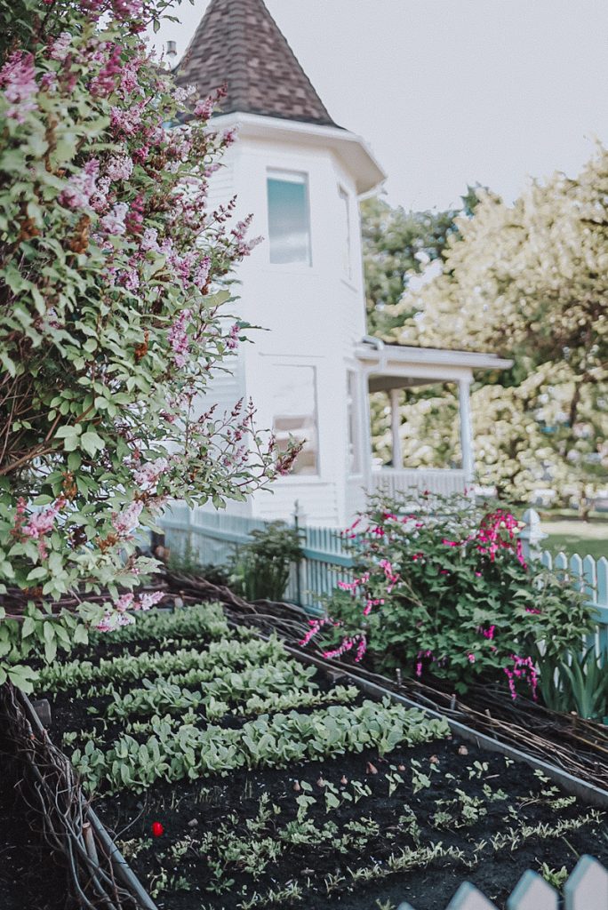 A victorian home with a beautiful garden beside it.