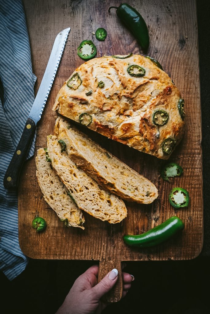 Dutch oven jalapeno bread sliced.