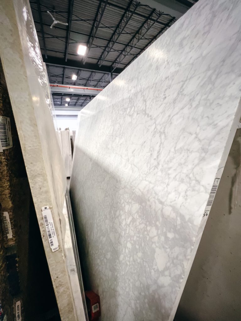 Honed Carrara marble slab for countertops in a kitchen renovation. 