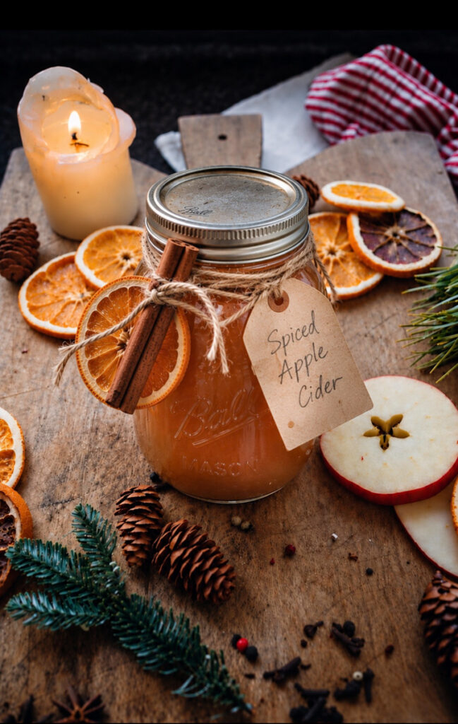 A beautiful jar of apple cider that's been made as a gift for the holiday season.
