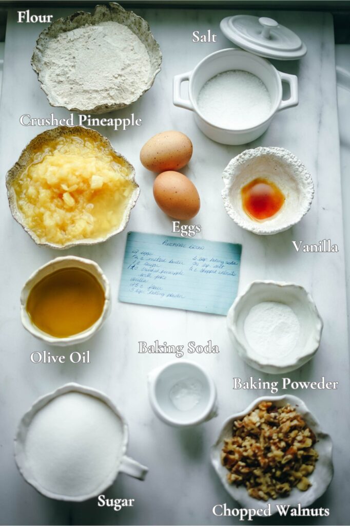 All the ingredients used for making pineapple bread and labeled with text for convenience.